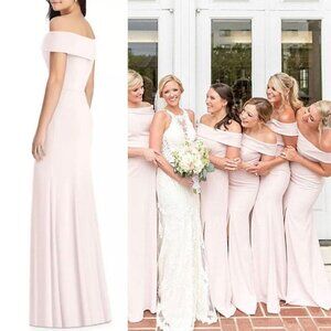 NEW Dessy Collection 3030 Blush Pink Crepe Slit Maxi Dress Gown Off the Shoulder